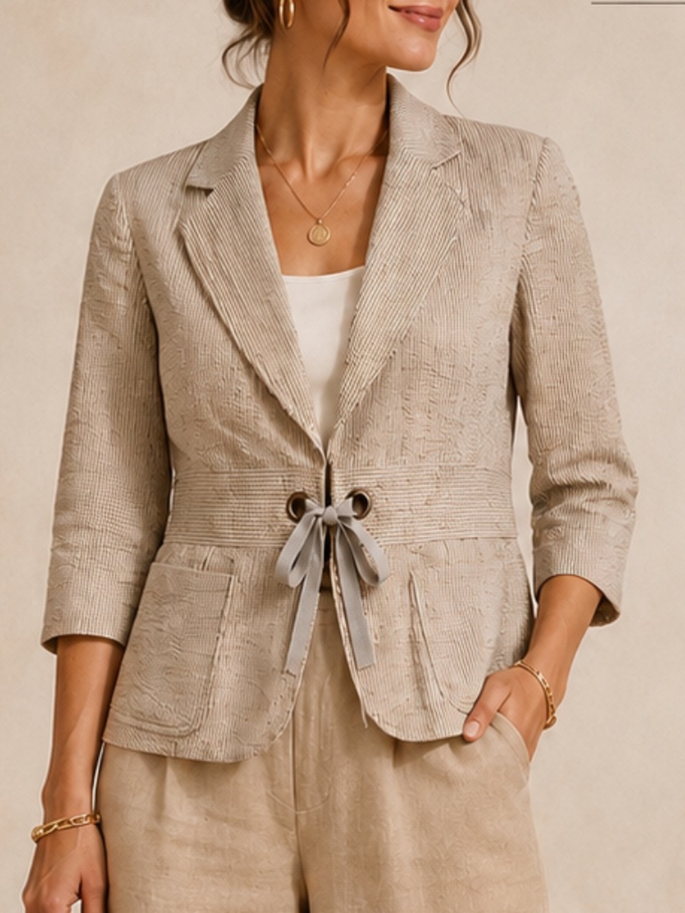 Harvé Benard- Striped Blazer Jacket with Ribbon Tie - Sz8
